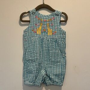 JoJo Maman Bebe Teal Gingham Overalls with Giraffe Design